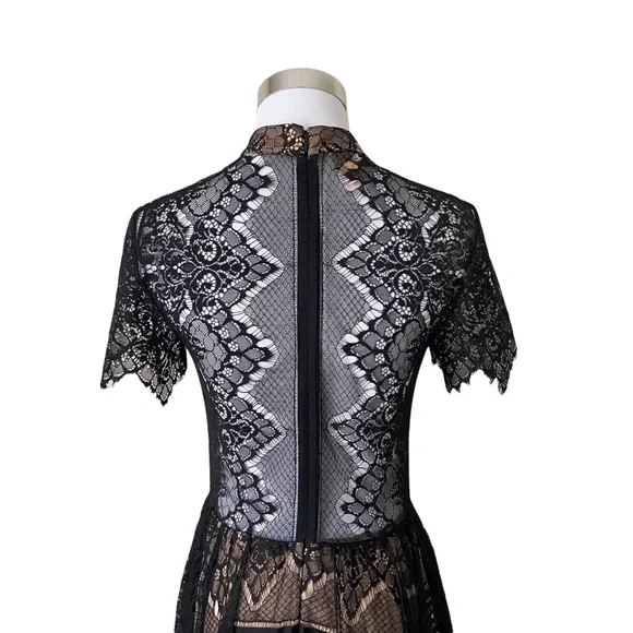 Lulu’s Ryse the Label Katie Black and Nude Lace Short Sleeve Skater Dress - Picture 13 of 15